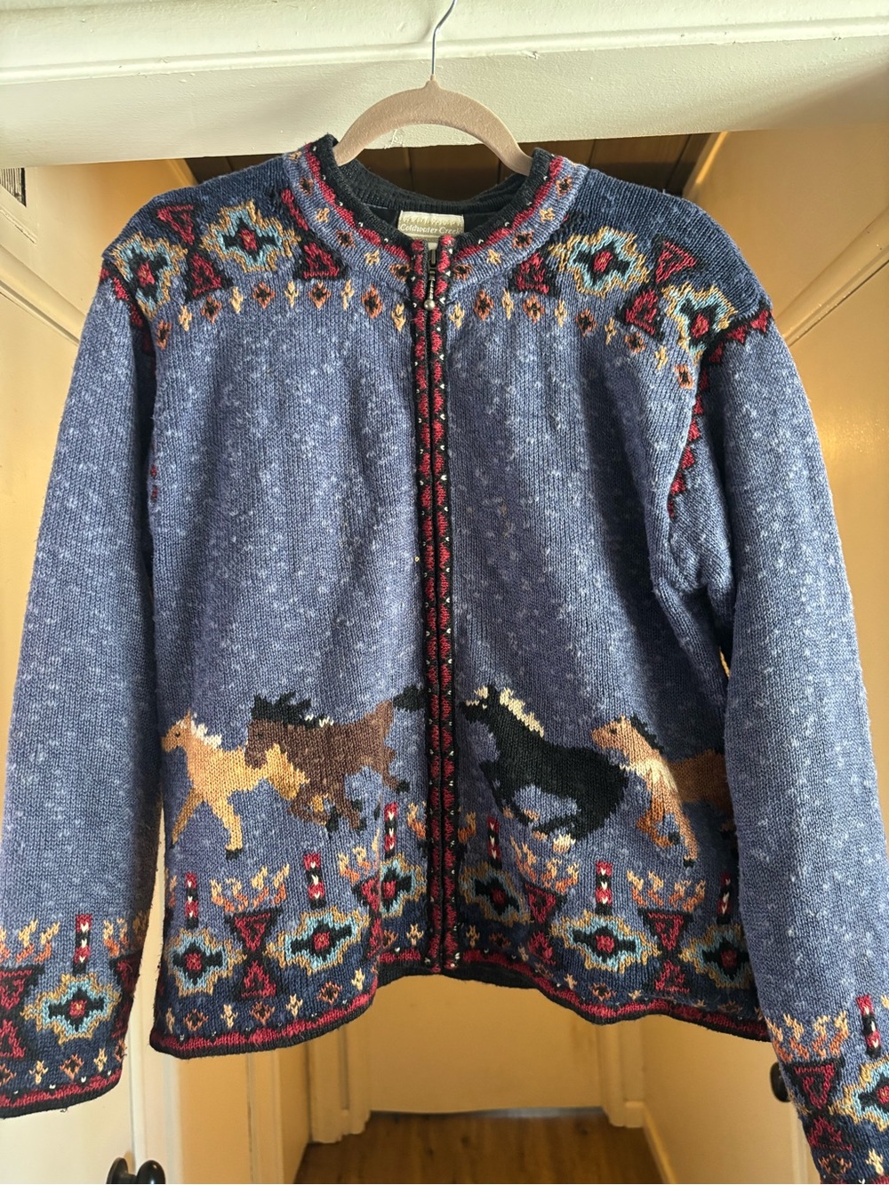 Coldwater Creek Blue Knit Jacket with Horse Motif